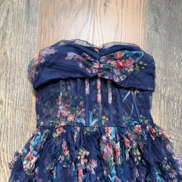 Lulus Stunning Element Navy Floral Mesh Ruffled Strapless Maxi Dress Size S NWOT - Picture 3 of 6